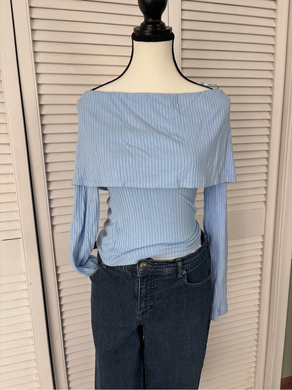 Off-Shoulder Ribbed Long-Sleeve Top - Light Blue